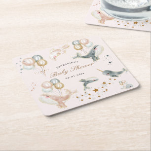 Magical Whales Balloons Stars Baby Shower Square Paper Coaster