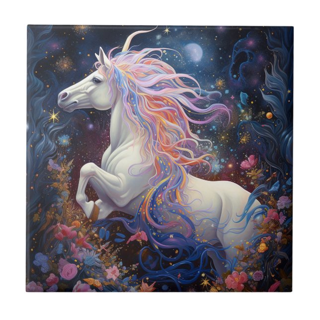 Magical White Horse Fantasy Art Tile (Front)