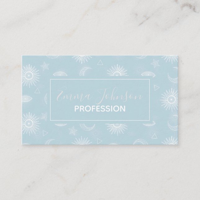 Magical White Moon Sun Stars Blue pattern Business Card (Front)