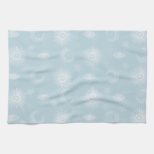 Magical White Moon Sun Stars Blue pattern Kitchen Towel (Horizontal)