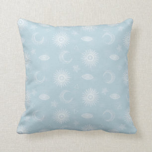 Magical White Moon Sun Stars Blue pattern Throw Pillow