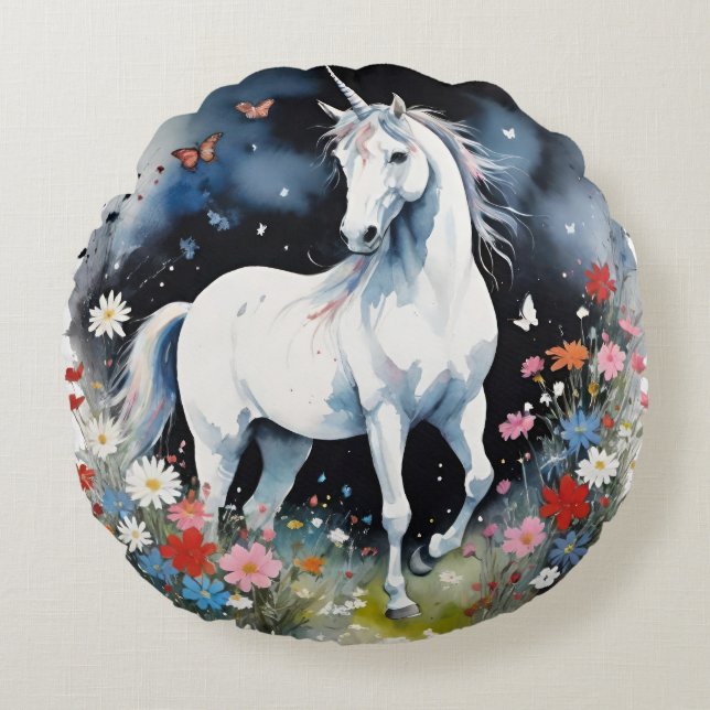 Magical White Unicorn In A Night Garden Round Pillow (Front)