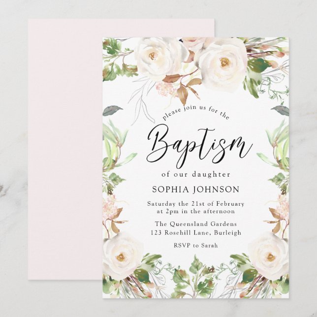 Magical White Winter Wonderland Blush Baptism Invitation (Front/Back)