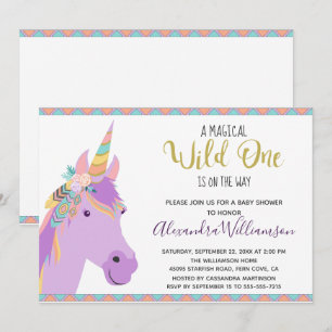 Magical Wild One Unicorn Purple Gold Baby Shower Invitation