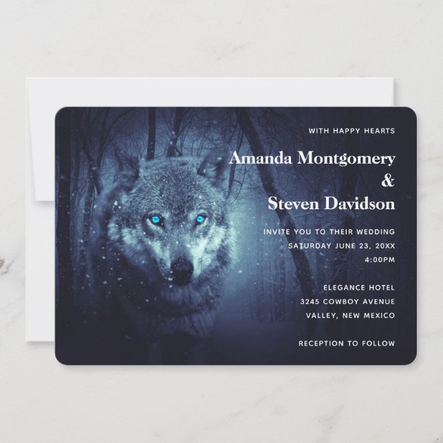 Magical Wild Wolf with Amazing Blue Eyes Wedding Invitation (Front)