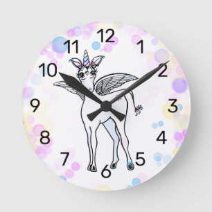 Magical winged Unicorn with colorful bubbles Round Clock