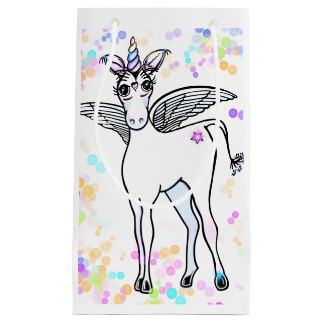 Magical winged Unicorn with colourful bubbles Small Gift Bag (Front)