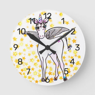 Magical winged Unicorn with golden star accents Round Clock