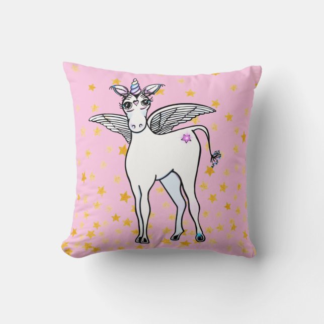 Magical winged Unicorn with golden star accents Throw Pillow (Front)