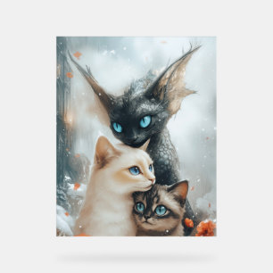 Magical Winter Cats with Fantasy Dragon Guardian Acrylic Sign