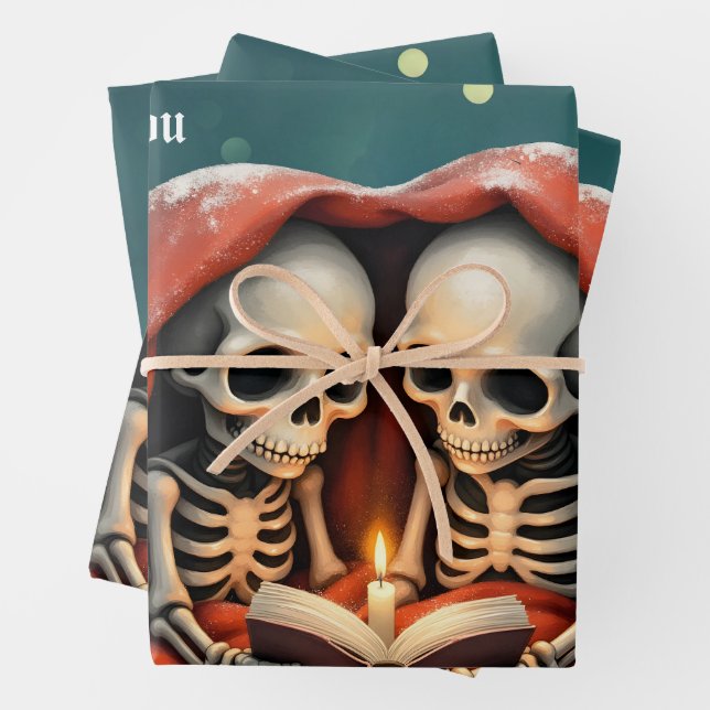 Magical winter moments, two skeletons wrapping paper sheet (In situ)