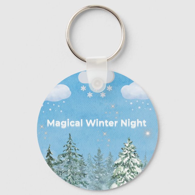 "Magical Winter Nights: Snow-Covered Trees & Shini Keychain (Front)
