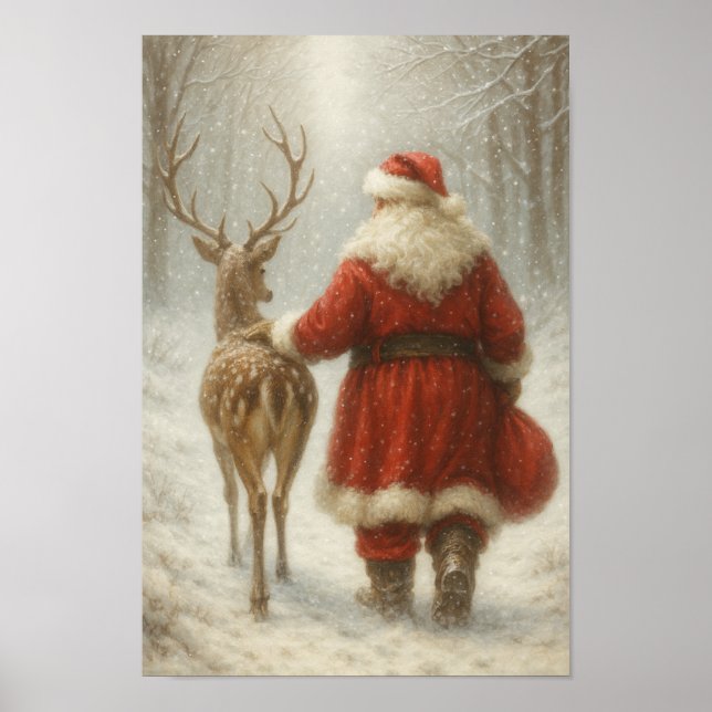 Magical Winter Santa & Reindeer Walk Poster Paper  (Front)