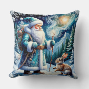 Magical Winter Scene With Santa Claus and Rabbit Throw Pillow