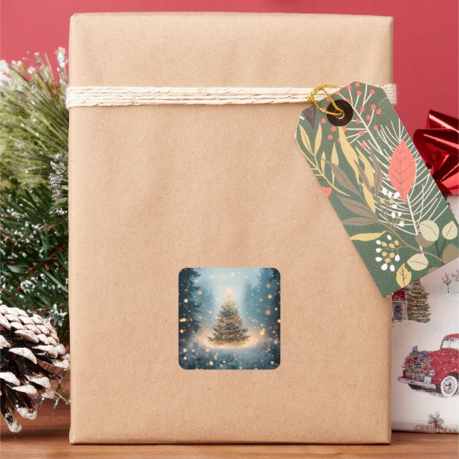 Magical Winter Snowy Forest Christmas Tree Square Sticker (Holiday)