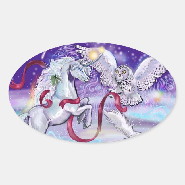 Magical Winter Unicorn Oval Sticker (Front)