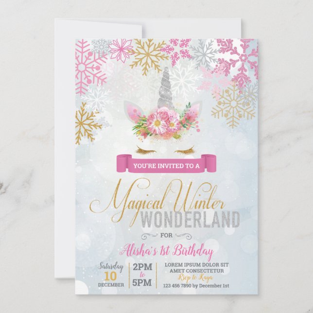 Magical Winter Wonderland Unicorn Birthday Invite (Front)