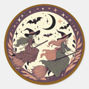 Magical Witch Flight – Halloween Moonlight Scene Classic Round Sticker