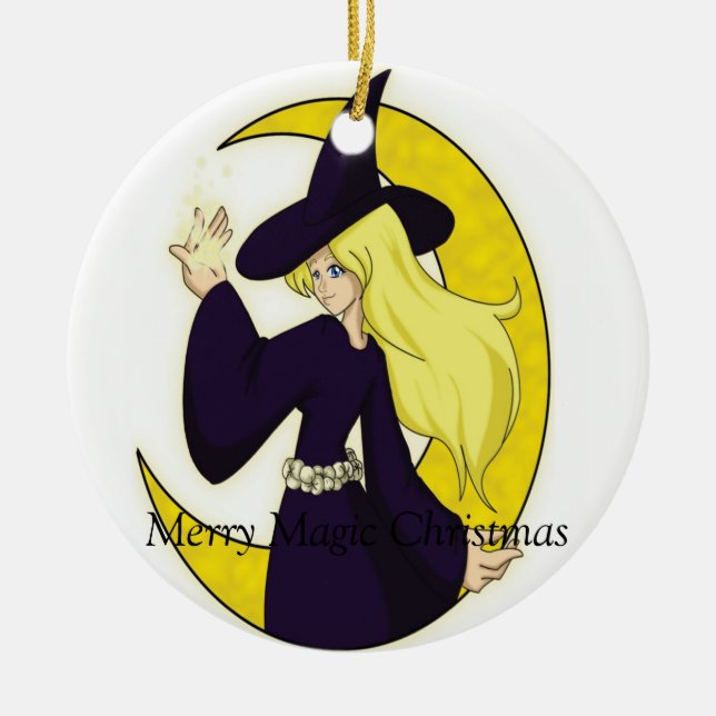 Magical Witch, Merry Magic Christmas Ceramic Ornament (Front)