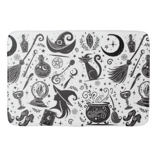 Magical Witch Whimsical Wiccan Pagan Black & White Bath Mat