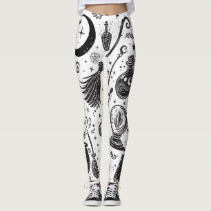 Magical Witch Whimsical Wiccan Pagan Black & White Leggings