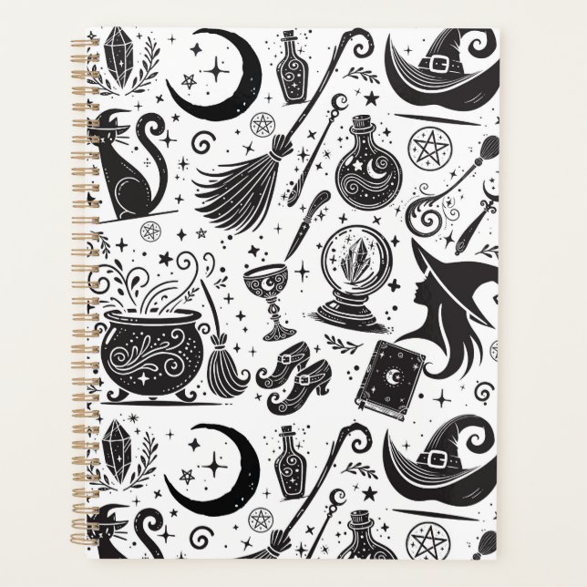 Magical Witch Whimsical Wiccan Pagan Black & White Planner (Front)
