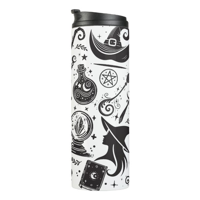 Magical Witch Whimsical Wiccan Pagan Black & White Thermal Tumbler (Rotated Right)