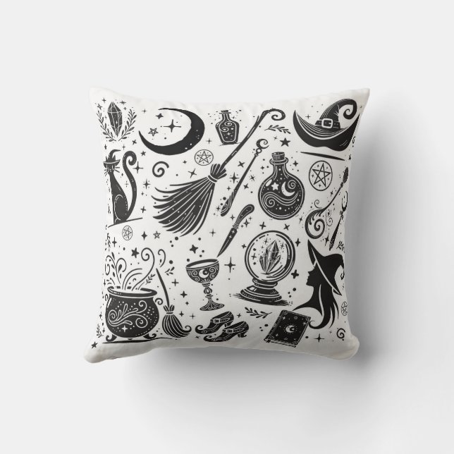 Magical Witch Whimsical Wiccan Pagan Black & White Throw Pillow (Back)