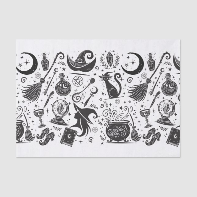Magical Witch Whimsical Wiccan Pagan Black & White Tissue Paper (Front)
