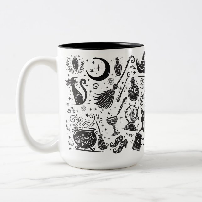 Magical Witch Whimsical Wiccan Pagan Black & White Two-Tone Coffee Mug (Left)