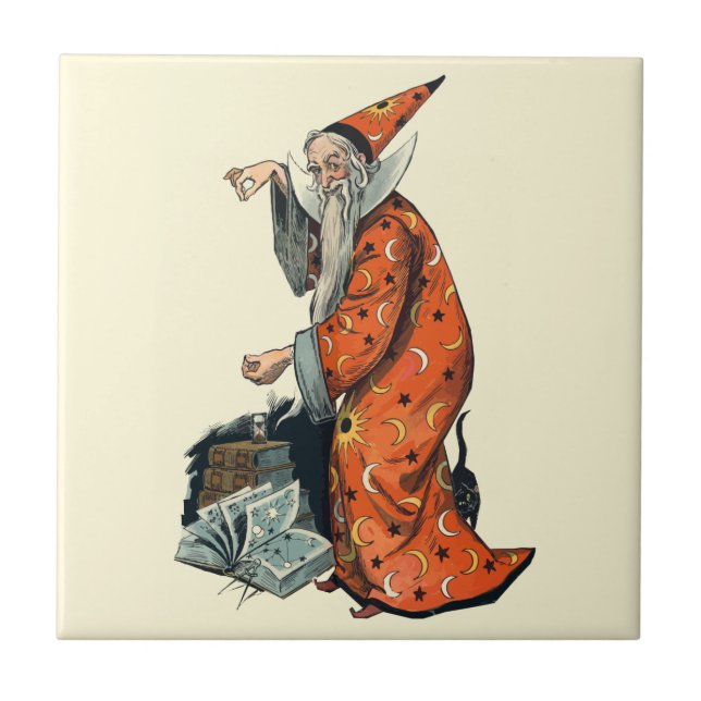 Magical Wizard and Black Cat Fantasy Art Tile (Front)
