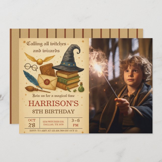 Magical Wizard and Witches Birthday Photo Invitation (Front/Back)