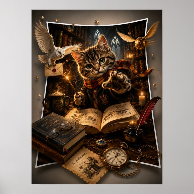 Magical Wizard Cat 3D Pop-Out Fantasy Wall Art  (Front)