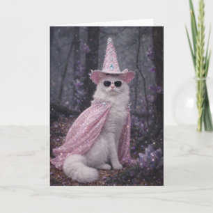 Magical Wizard Cat in Sparkly Pink Cape and Hat    Card