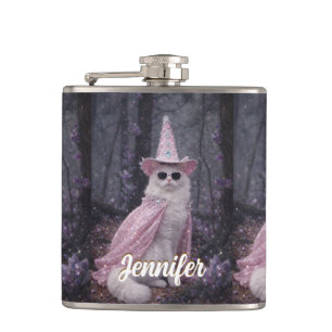 Magical Wizard Cat in Sparkly Pink Cape and Hat Hip Flask
