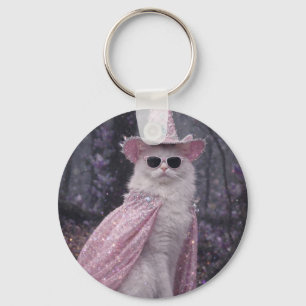 Magical Wizard Cat in Sparkly Pink Cape and Hat Keychain