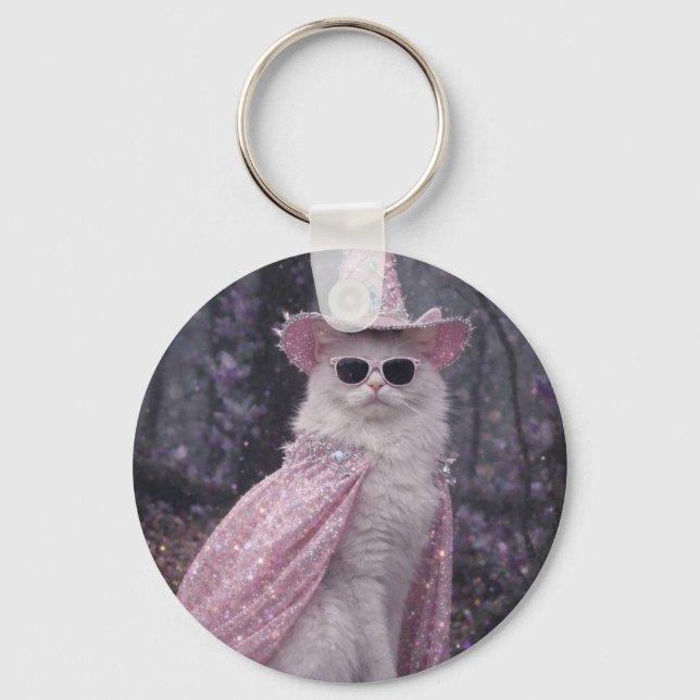 Magical Wizard Cat in Sparkly Pink Cape and Hat    Keychain (Front)