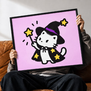 Magical Wizard Cat Kawaii Canvas Wall Art