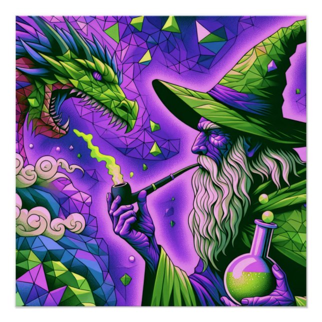 Magical Wizard Dragon Fantasy Art Poster (Front)
