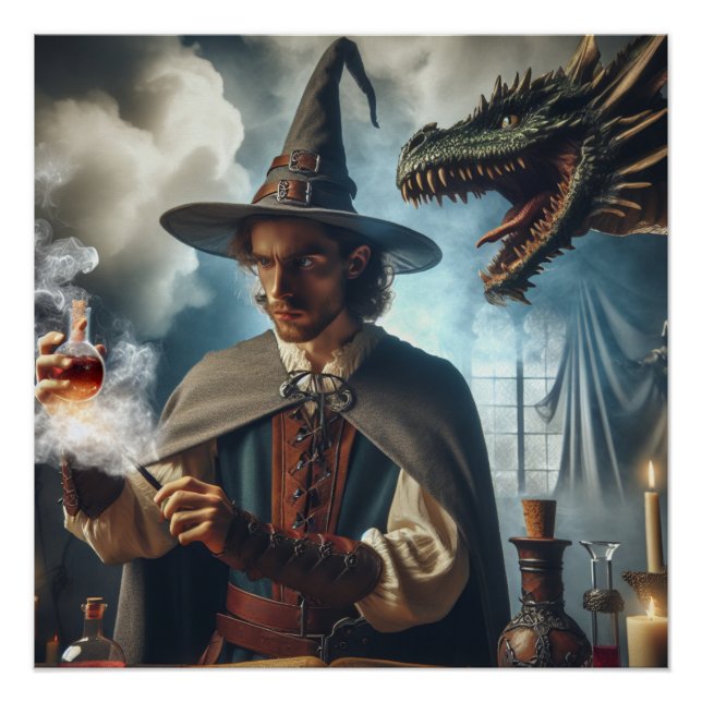 Magical Wizard Dragon Fantasy Art Poster (Front)
