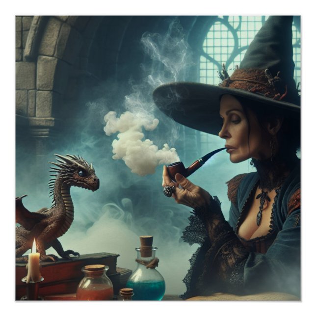 Magical Wizard Sorceress Dragon Fantasy Art Poster (Front)