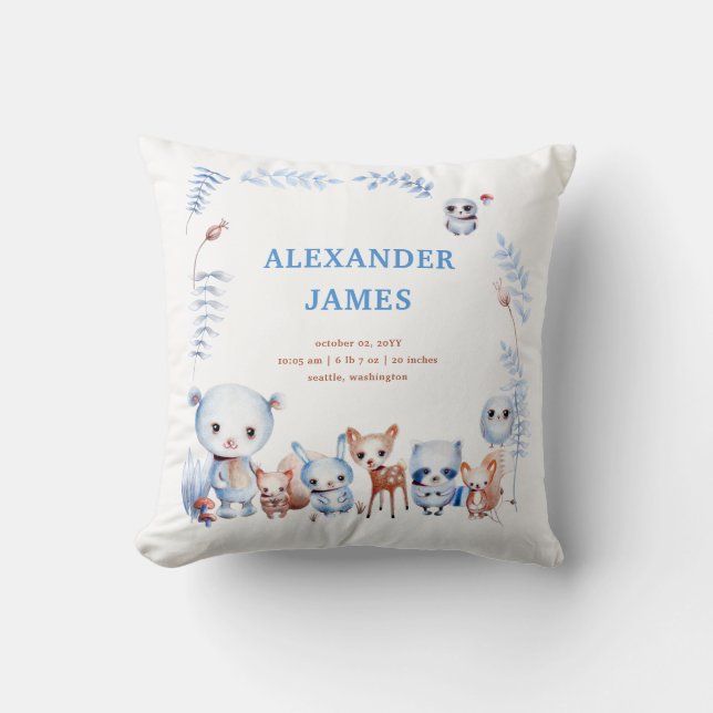 Magical Woodland Animals Birth Stats Boy Baby Throw Pillow (Front)