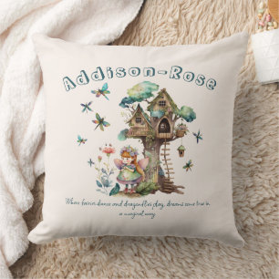 Magical Woodland Fairy Dragonfly Treehouse Throw Pillow