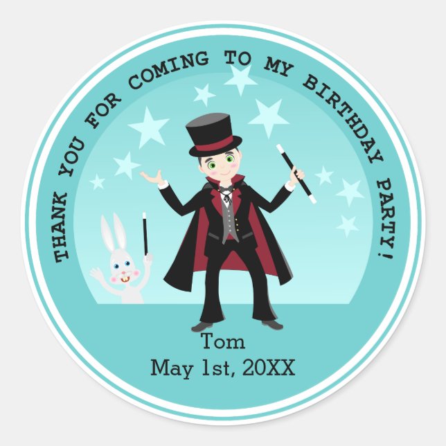 Magician kid birthday party classic round sticker (Front)