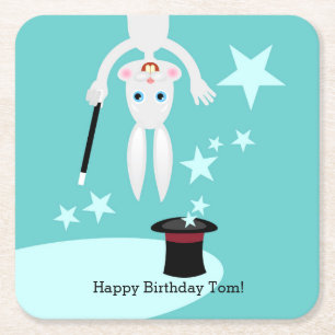 Magician kid birthday party square paper coaster