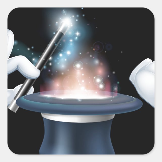 Magician wand and top hat trick square sticker (Front)