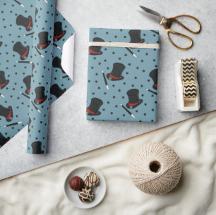 Magicians Hats, Magic Wands and Stars Blue Wrapping Paper