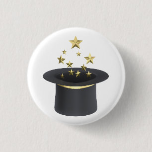 Magicians top hat with golden stars 1 inch round button
