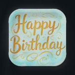 MagickalBirthdays Paper Plate<br><div class="desc">These party paper plates feature a whimsical watercolor happy birthday print in aqua blue and gold.</div>