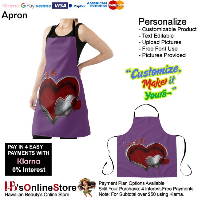 Magie cardiaque violet grand tablier (Love Heart Purple Kitchen Cooking Mess Free Large Apron.)